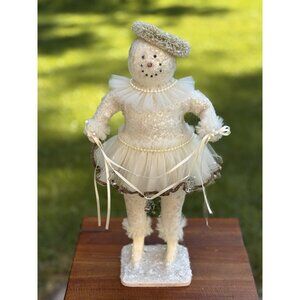 Bethany Lowe Snowman Christmas Snow Lady Tutu Pearls Holding Bell Garland 16”